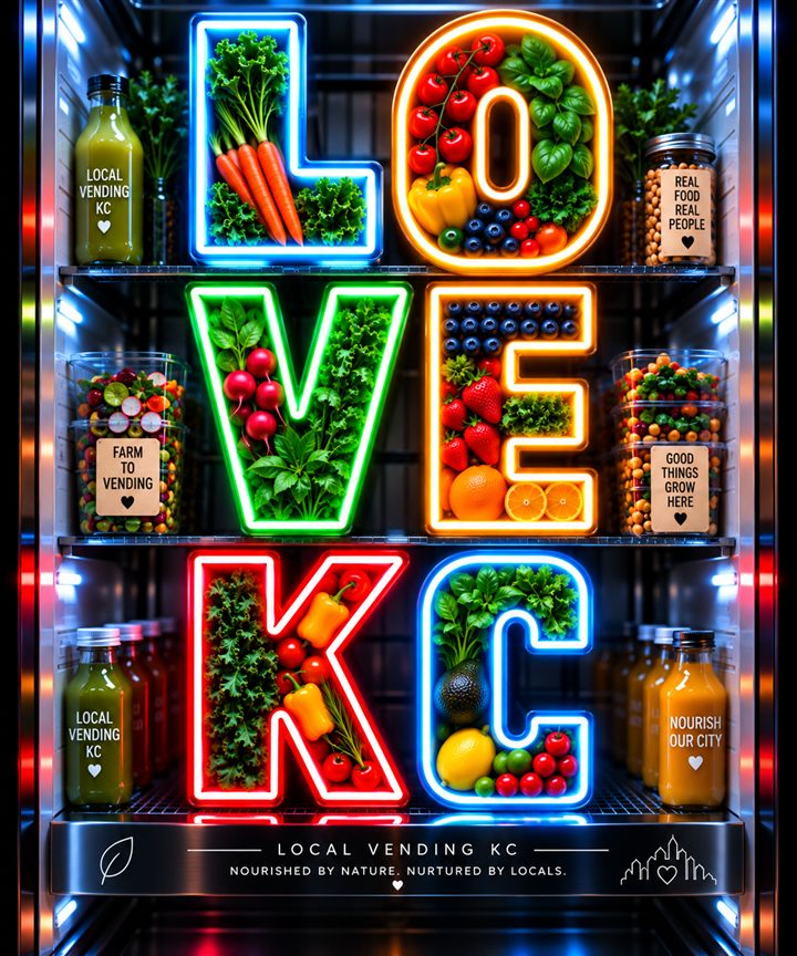 LOVE KC neon logo made of vegetables and fruit in a cooler